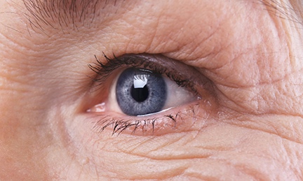 Extreme close up of elderly person's blue eye