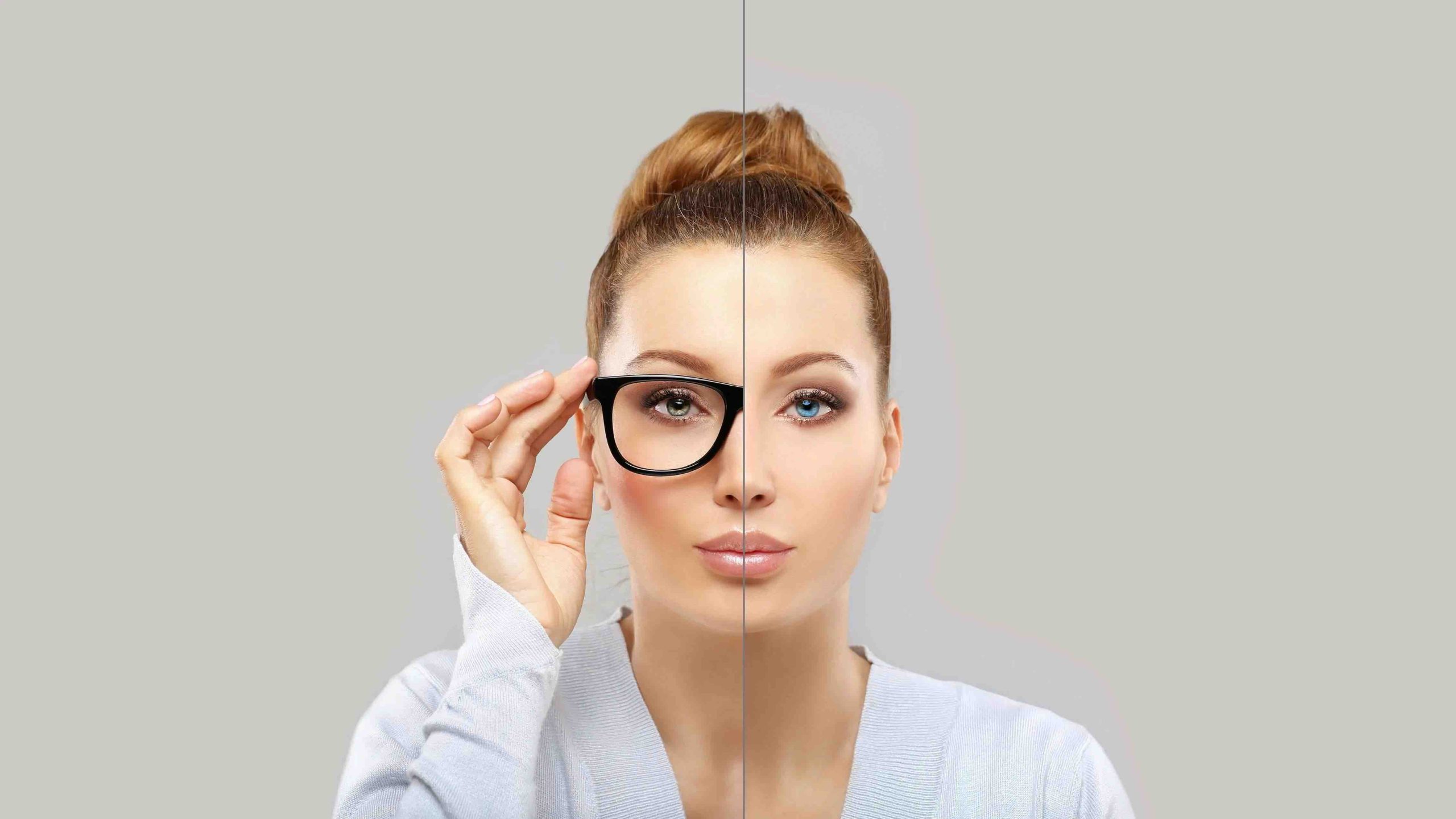 lady choosing between contact lenses or glasses