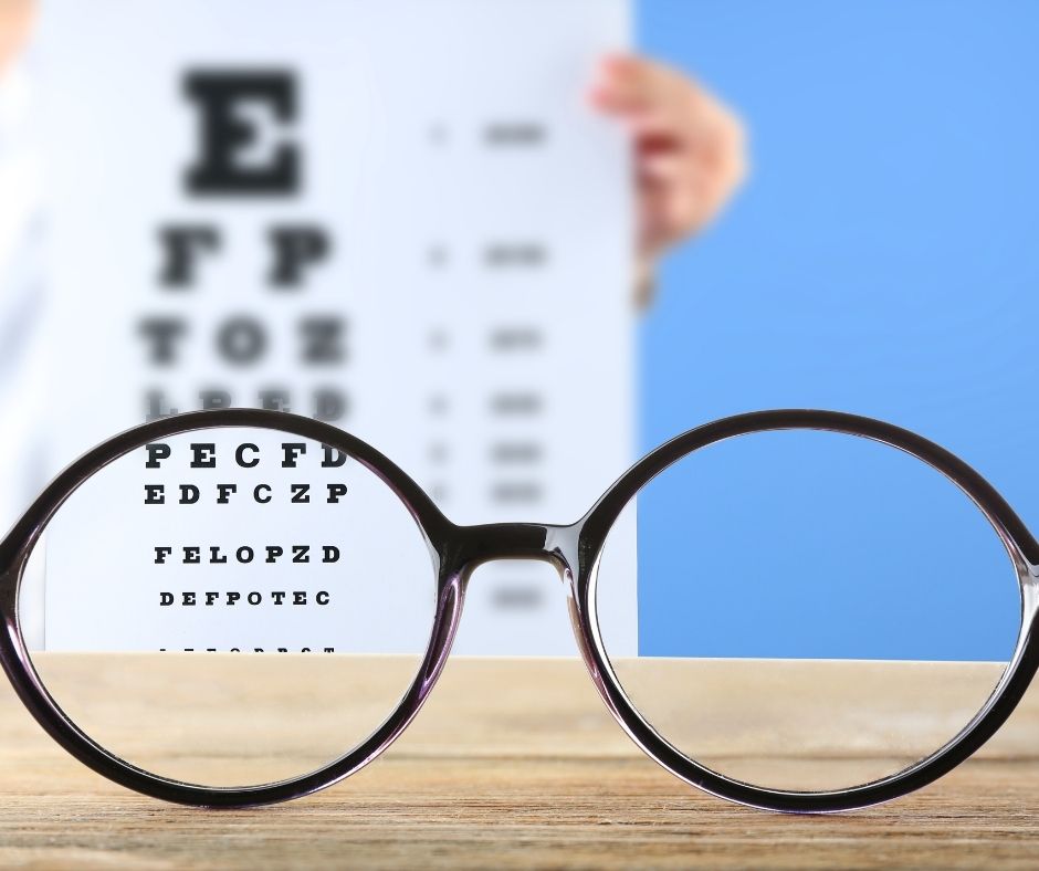 eyeglasses and an eye exam chart