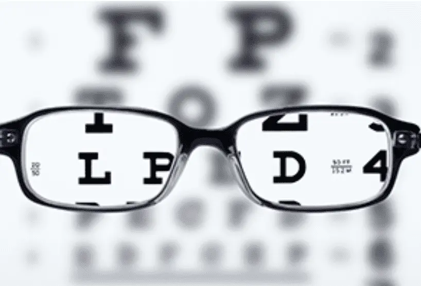 Blurry reading chart displaying nearsightedness with glasses making a section of the chart clear