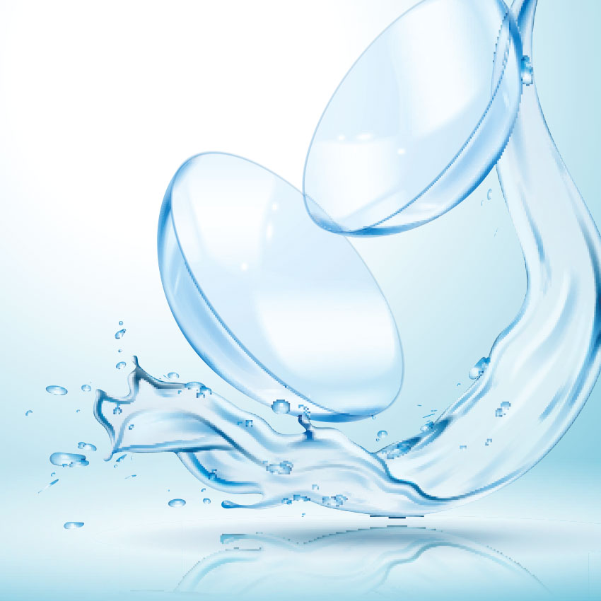 Contact-lenses-with-clear-flowing-water-in-3d-illustration-isolated-on-light-blue-background