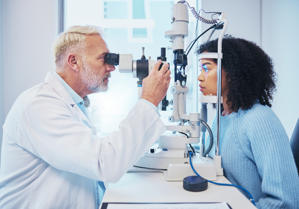 Eye exam, consulting and laser with doctor and black woman for healthcare