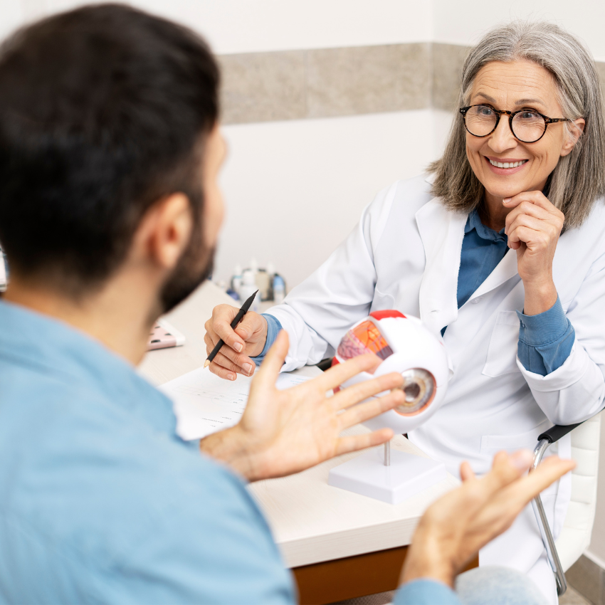 Senior female ophthalmologist smiling and explaining eye anatomy to patient using anatomical model of eye in ophthalmology clinic, discussing diagnosis and treatment options