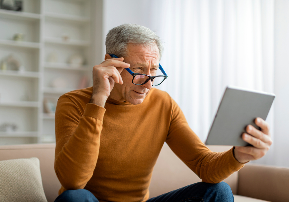 Senior retired grey-haired man grandfather adjusting his eyeglasses while using tablet at home, sitting on couch, reading news