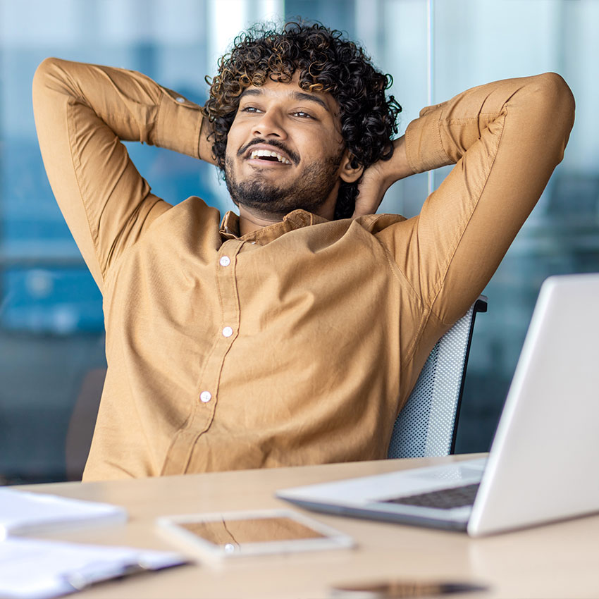 Well-done-businessman-successfully-completed-project,-man-threw-his-hands-behind-his-head