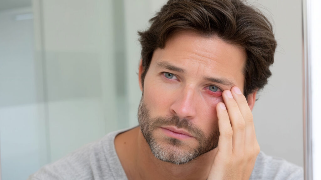 Man-with-bloodshot,-irritated-eye,-touching-face-with-worried-expression,-looking-in-mirror.