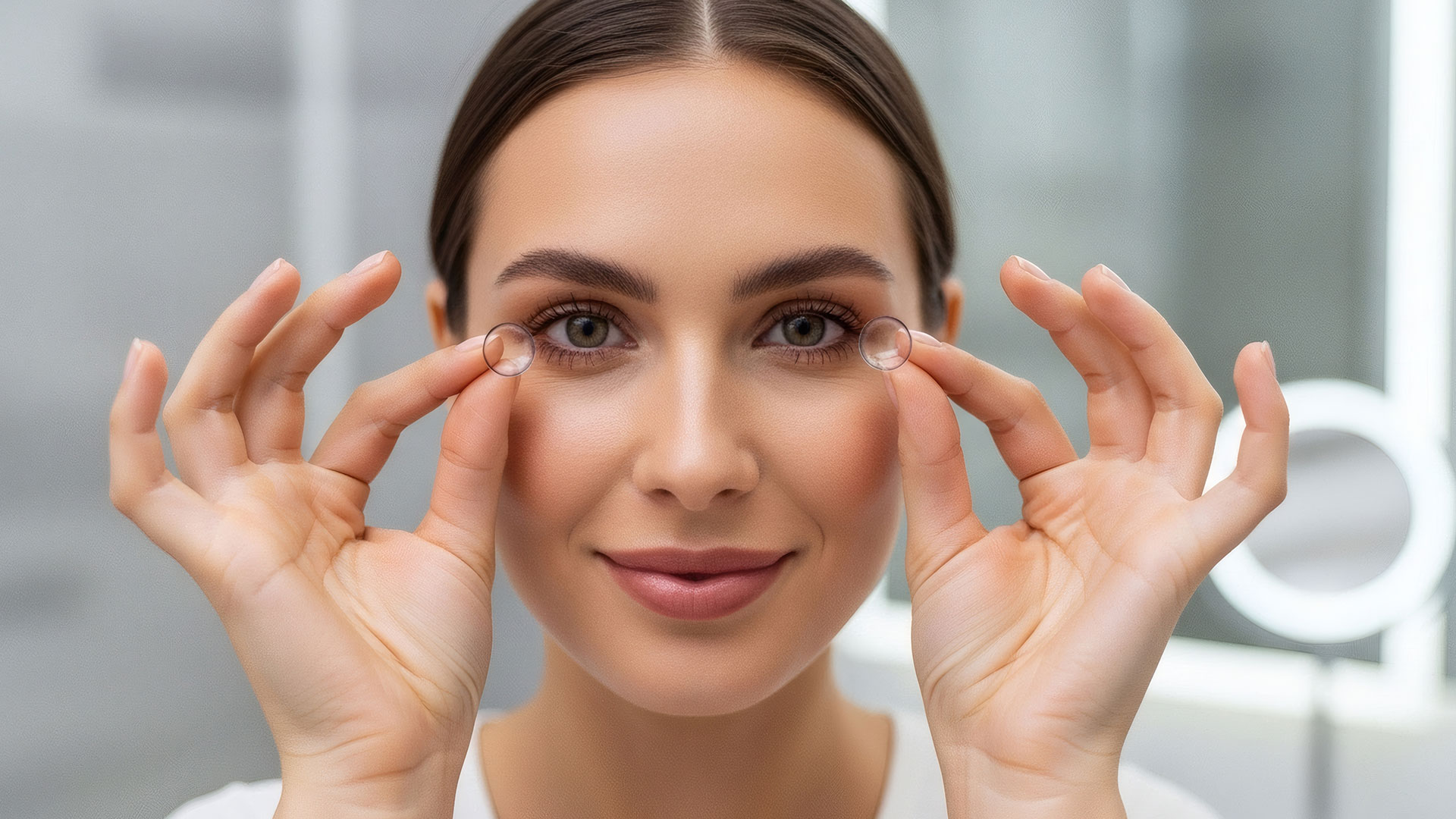 Smiling-woman-about-to-put-in-her-contact-lenses.-She's-holding-them-up-close-to-her-eyes-with-her-fingers