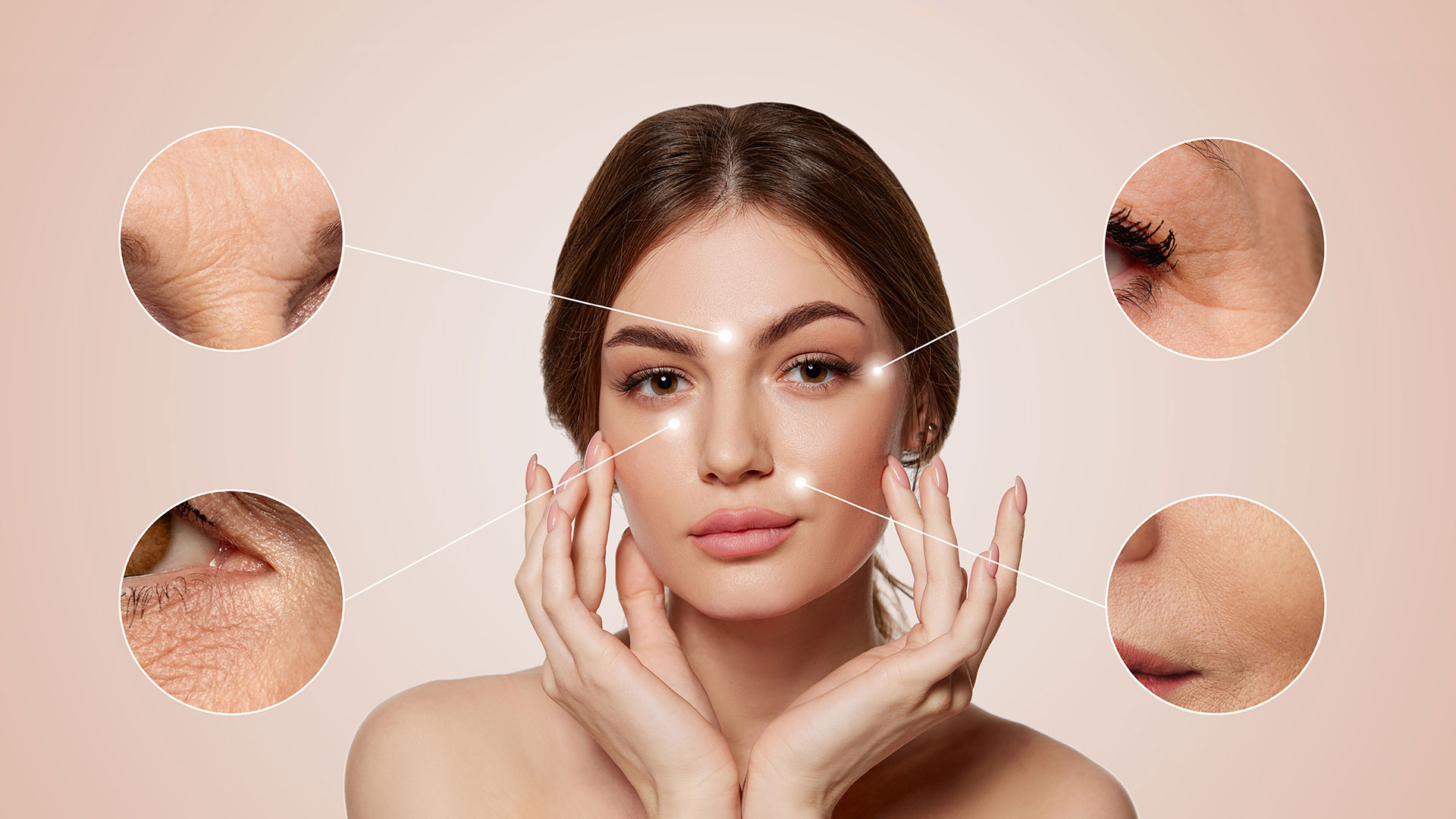 Woman-face-with-highlighted-skin-problem-zones-and-closeup-sections