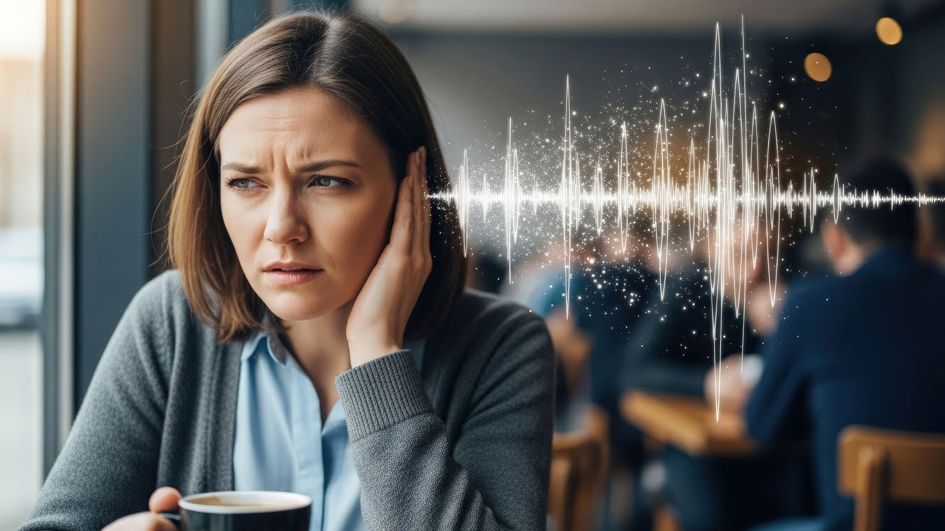 Person-experiencing-hearing-sensitivity-and-ear-discomfort,-visualized-sound-waves,-auditory-issues