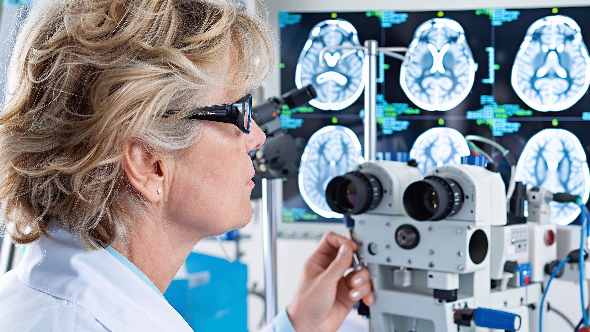 Woman-doctor-at-a-neuroophthalmology-unit-studying-complex-brain-scans-and-eye-diagnostics-to-assess-a-patients