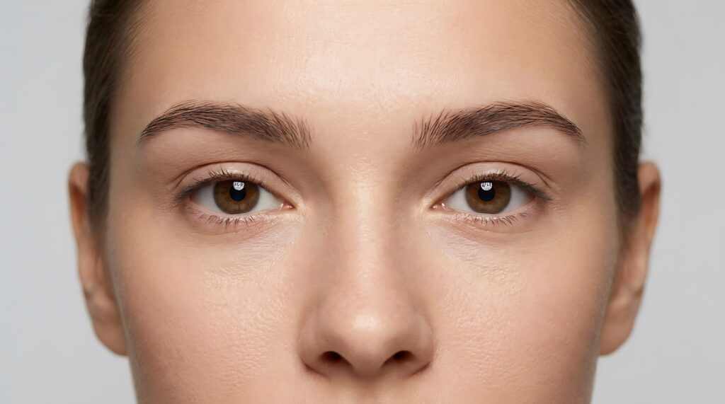 Close up portrait of a young woman with natural skin and brown eyes.