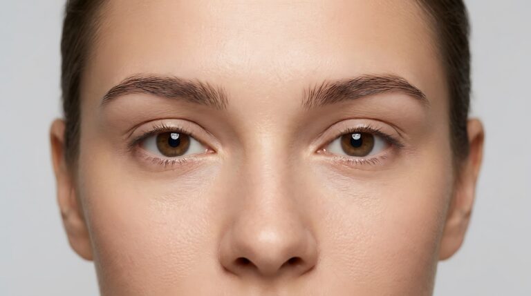 Close up portrait of a young woman with natural skin and brown eyes.