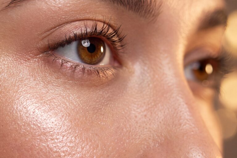close up of a woman brown eye with natural skin