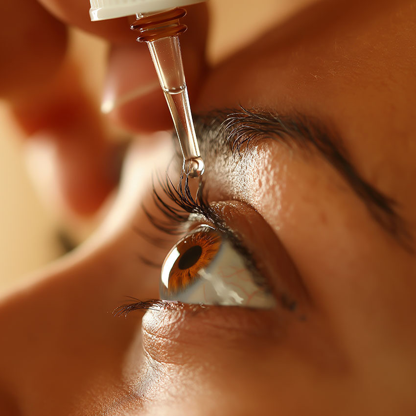 Woman applies eye drops