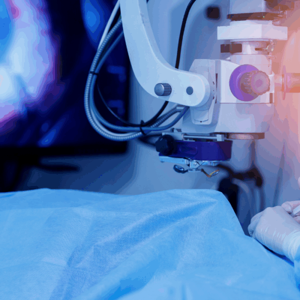 Doctor examines fundus in microscope, patient under sterile cover