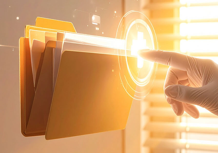 Doctor-holding-augmented-reality-tablet-displaying-patient-scan.