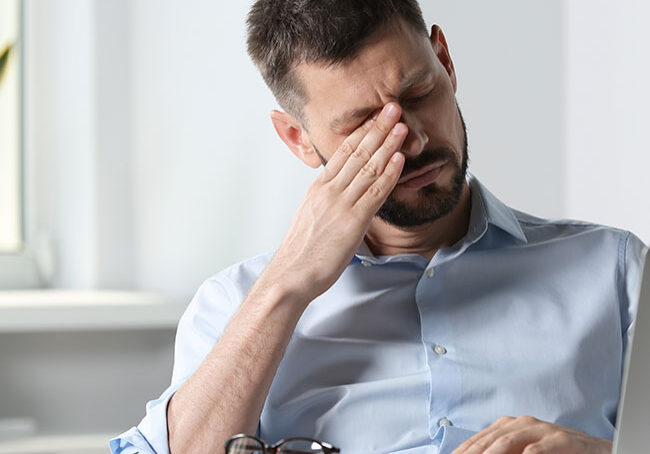 Man-suffering-from-eyestrain-at-desk-in-office