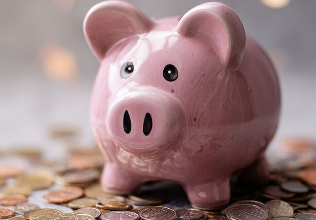 Piggy-bank-on-pile-of-coins,-editorial-concept-image-symbolizing-saving,-growth